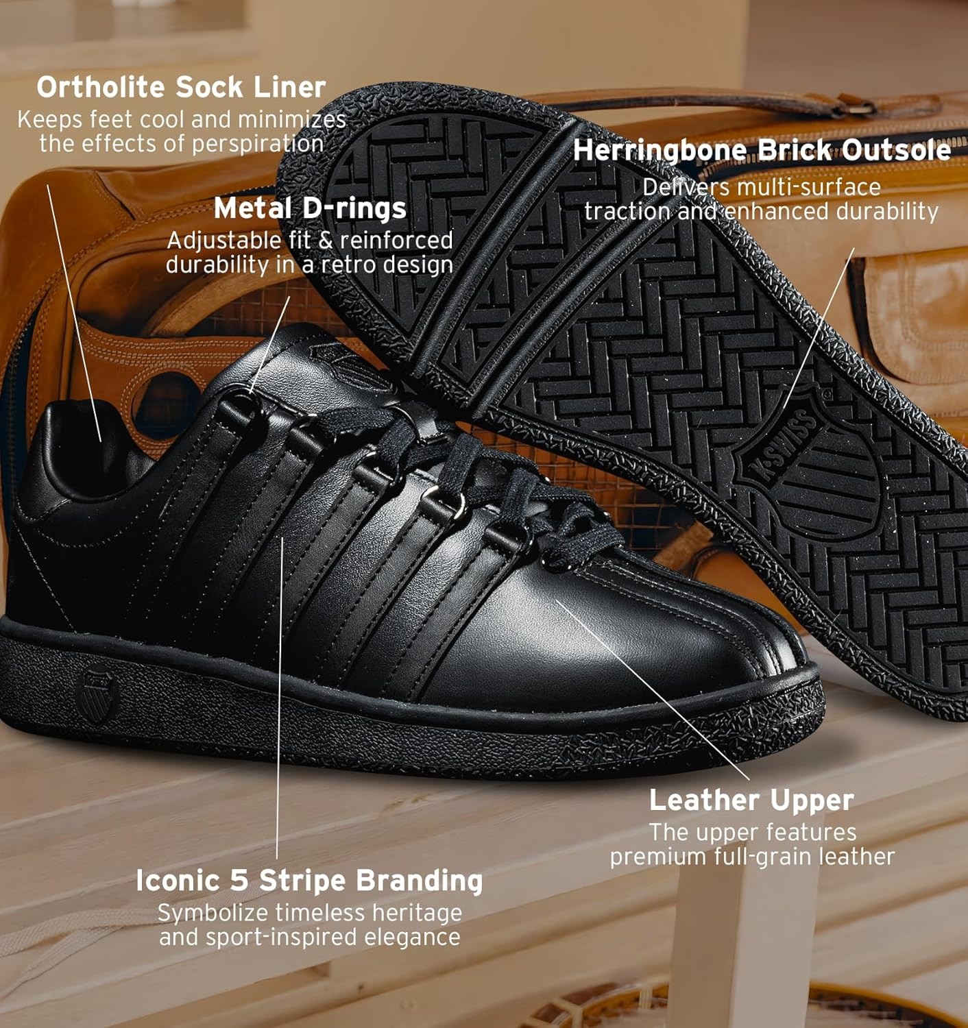 K-Swiss Men’s Classic VN Leather Sneaker, Regular Fit, Black/Black, Size Options