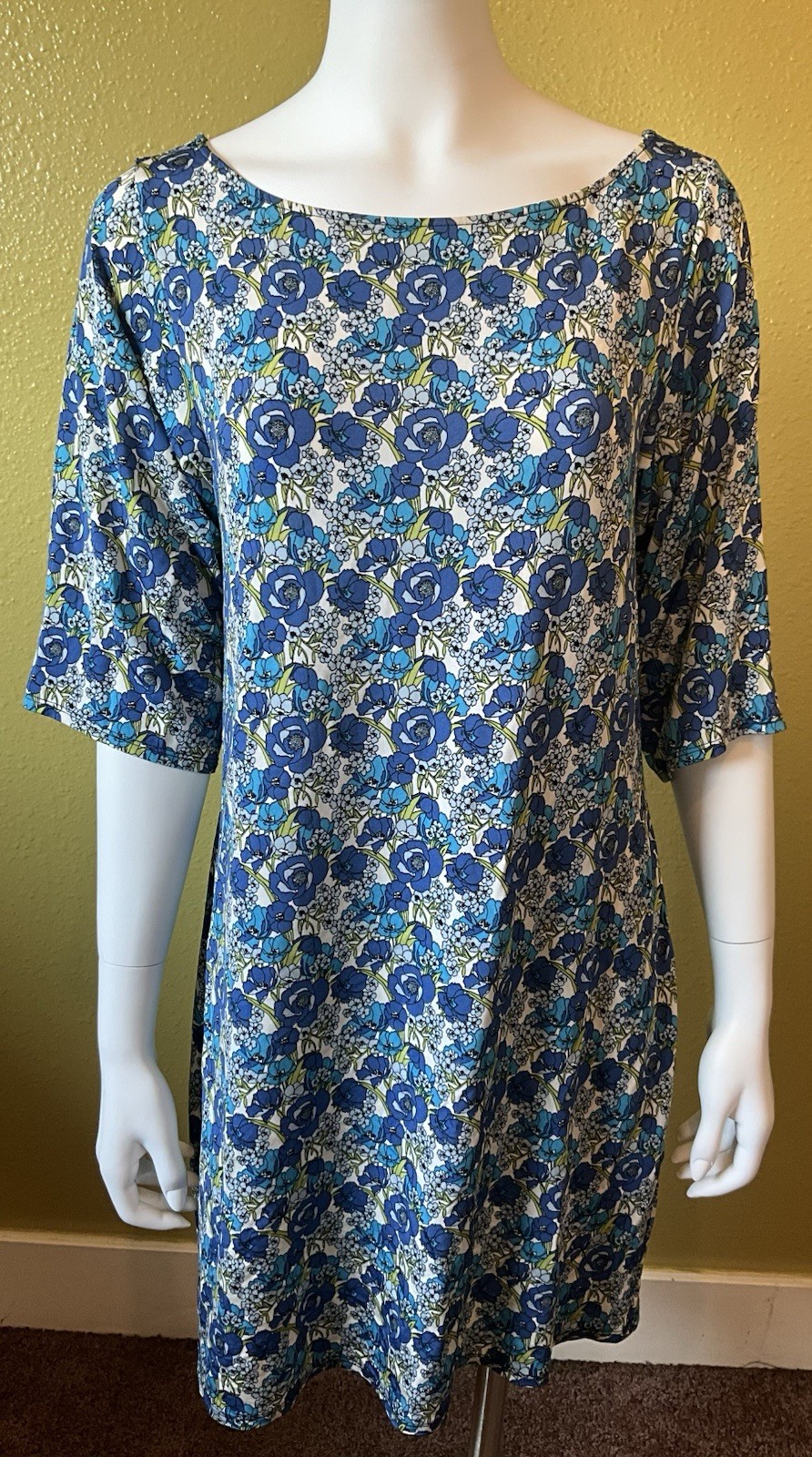 Leota Compass Rose A Line Dress Belted Blue Floral Print Made In USA NYC Spring