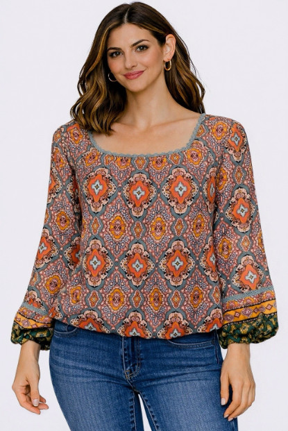 NWT Democracy SMALL Geometric Square Neck Blouson Sleeve Smocked Top Shirt