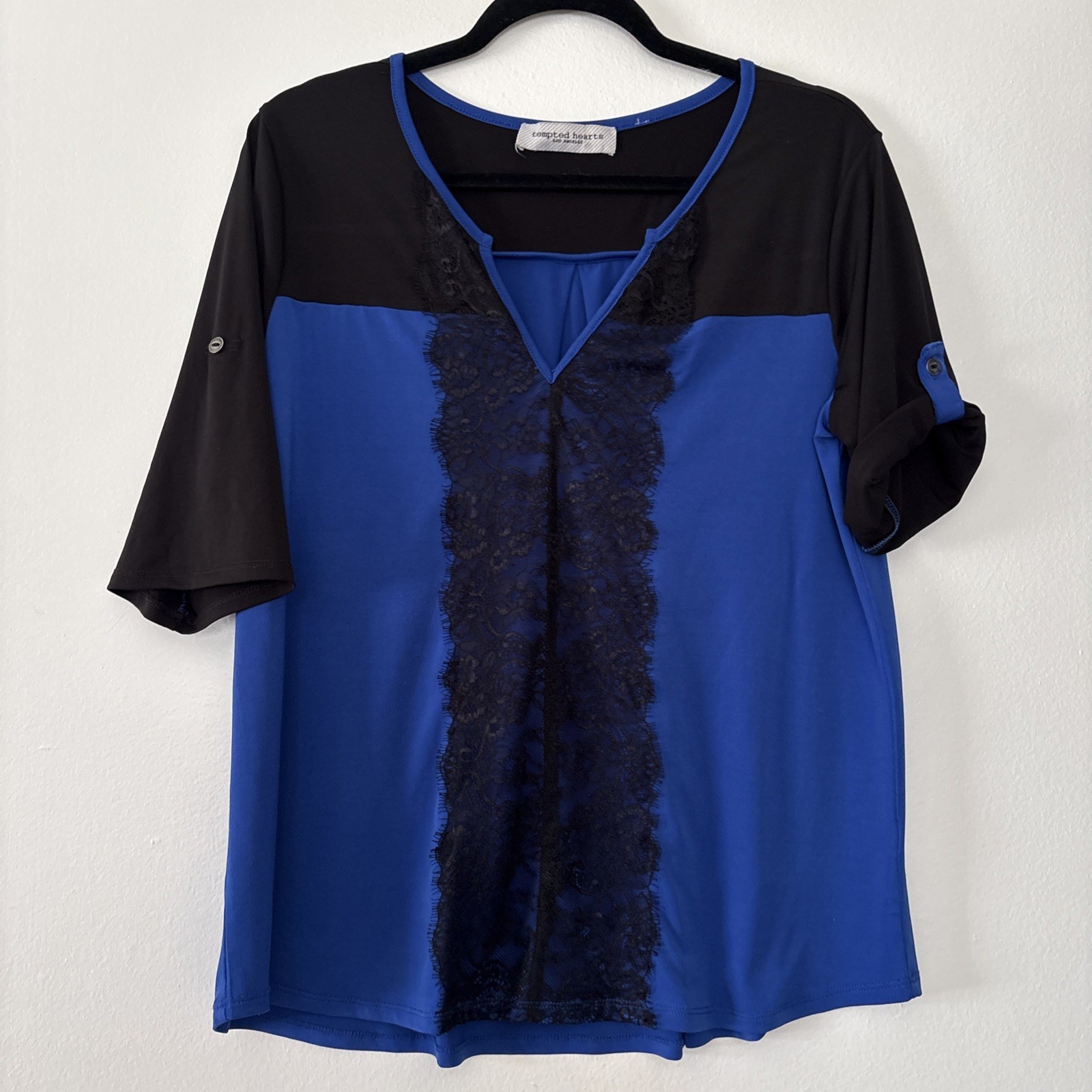 Tempted Hearts Black Royal Blue Lace Large Top Roll Tab Sleeve Stretch Womens