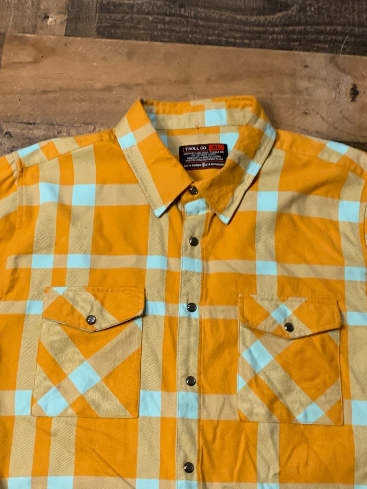 Troll Co Flannel Shirt Mens XL Yellow Plaid Pearl Snap Western Biker Riding