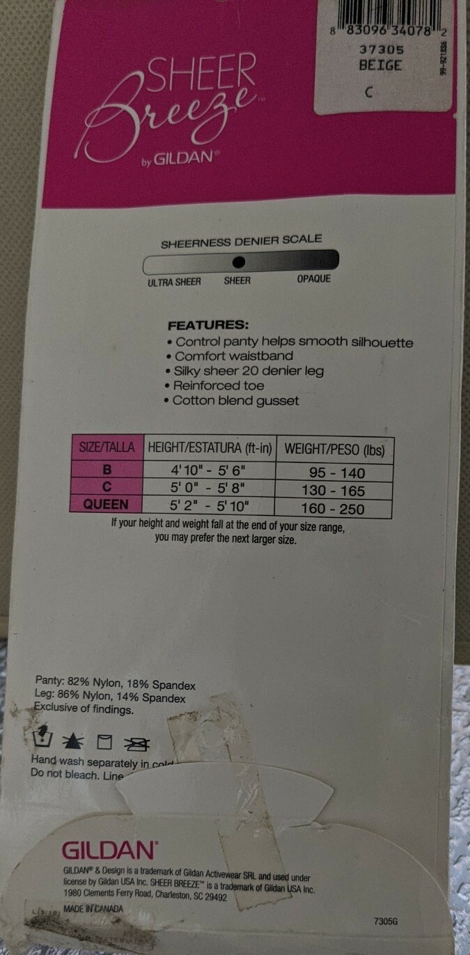 Sheer Breeze by Gildan Reinforced Toe Pantyhose 100% Nylon. Size C. Spandex