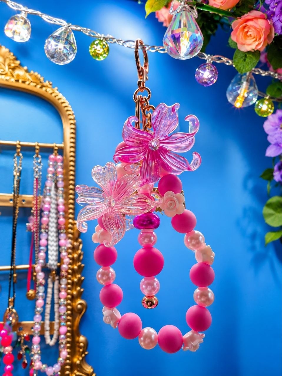 Pink Floral Beaded Keychain Wristlet Charm