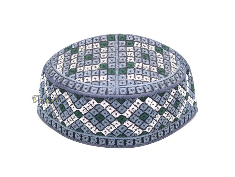 White Gray and Green Embroidered Diamond Design Semi-rigid Pakistani-style Kufi
