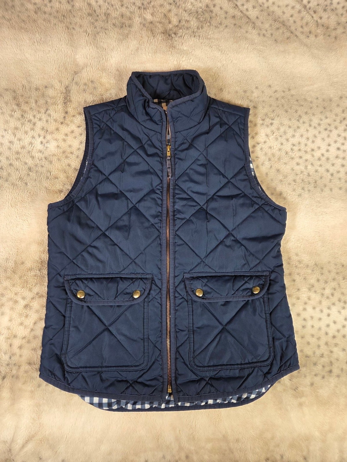 J.Crew Navy Blue Quilted Excursion Vest with Gingham Lining Size XS