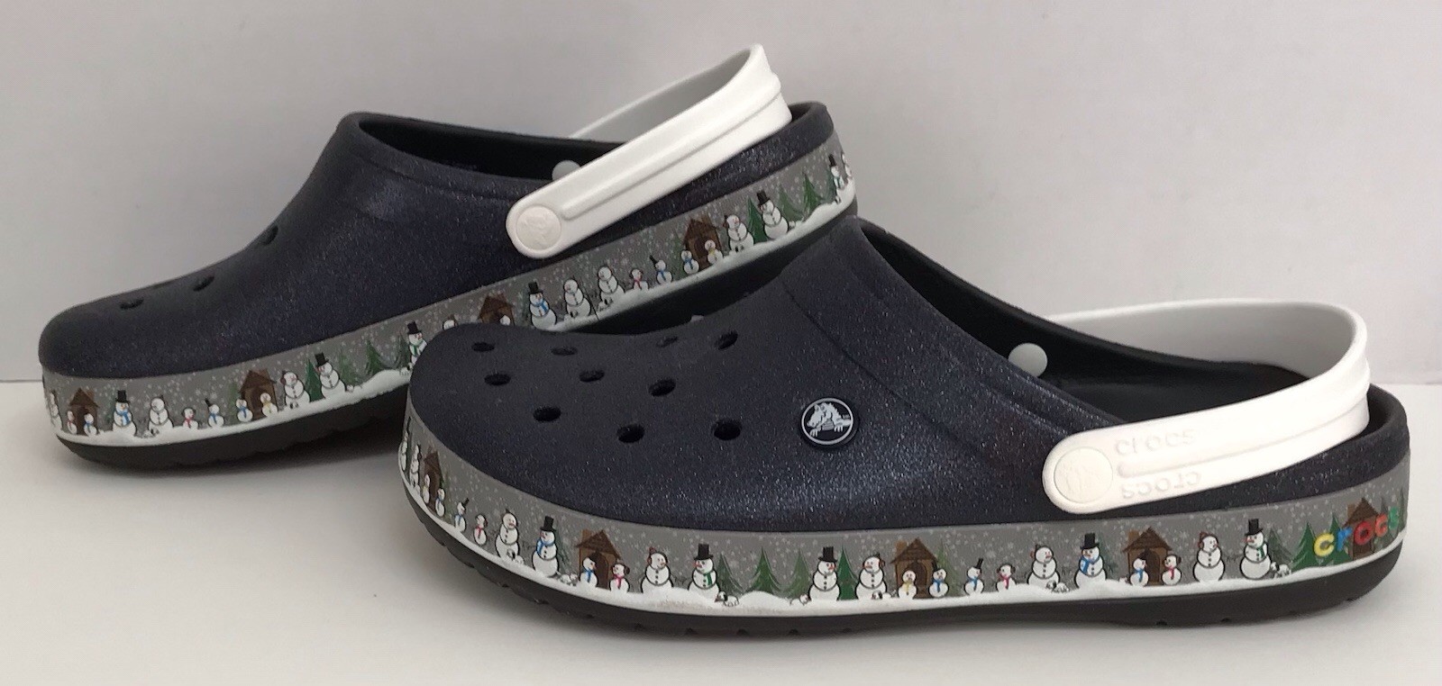 Crocs Classic Black Glitter Snowman Print Unisex Size 9 M / 11 W
