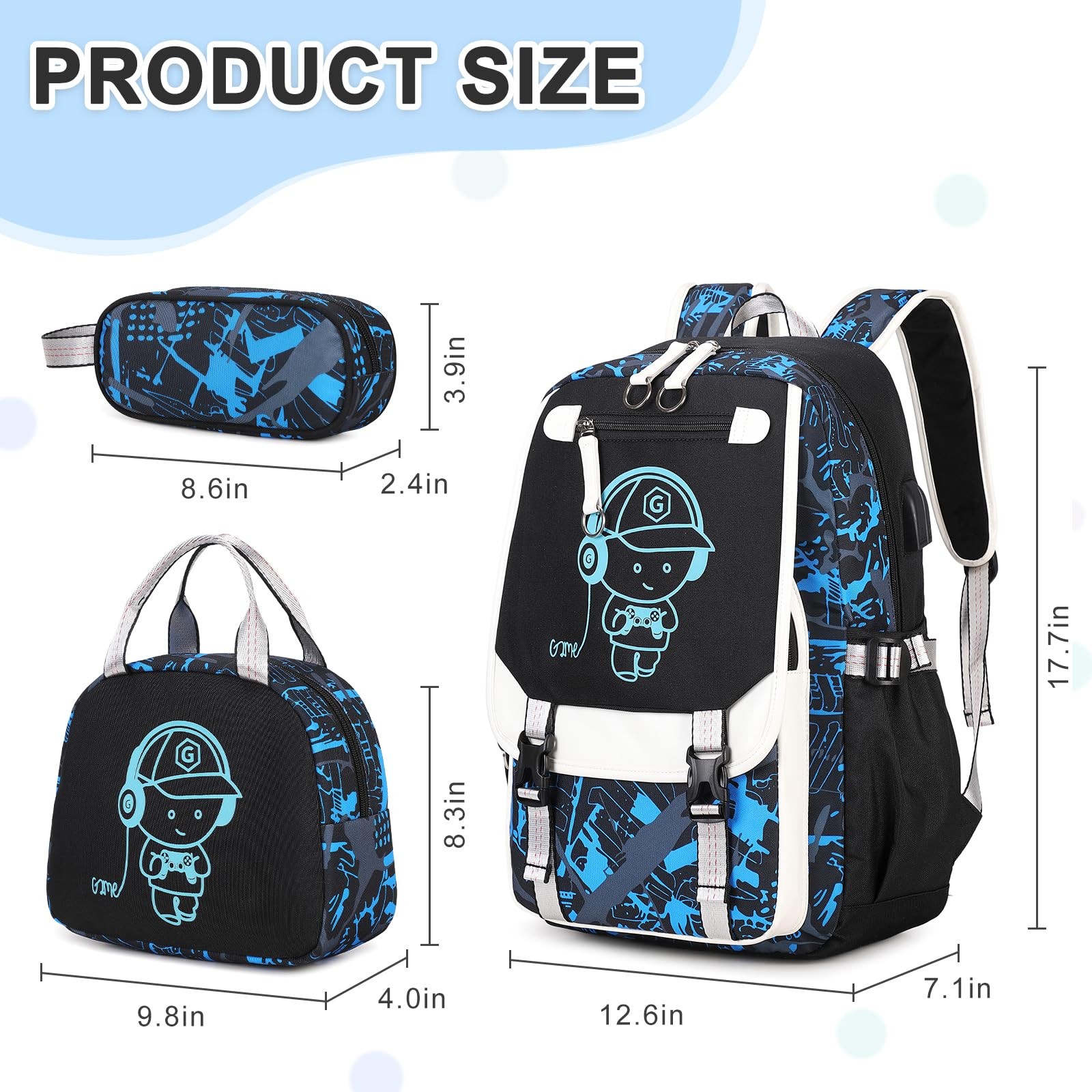 Backpack Boys Cool Luminous Lunch Box Pen Case USB Charging Port Music
