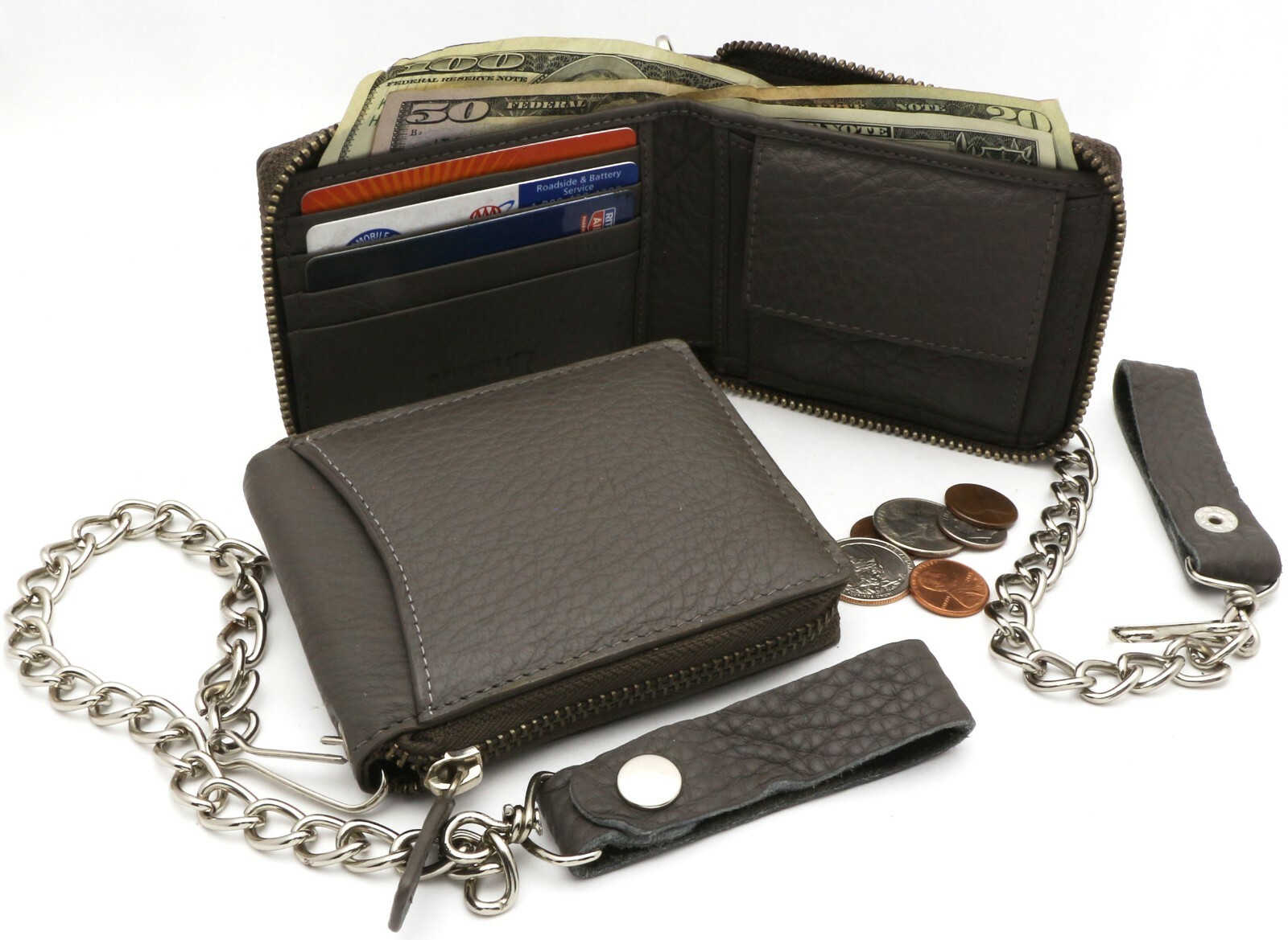 Bifold Gray Genuine Leather Scale Texture Zip-Around Wallet with a Chain