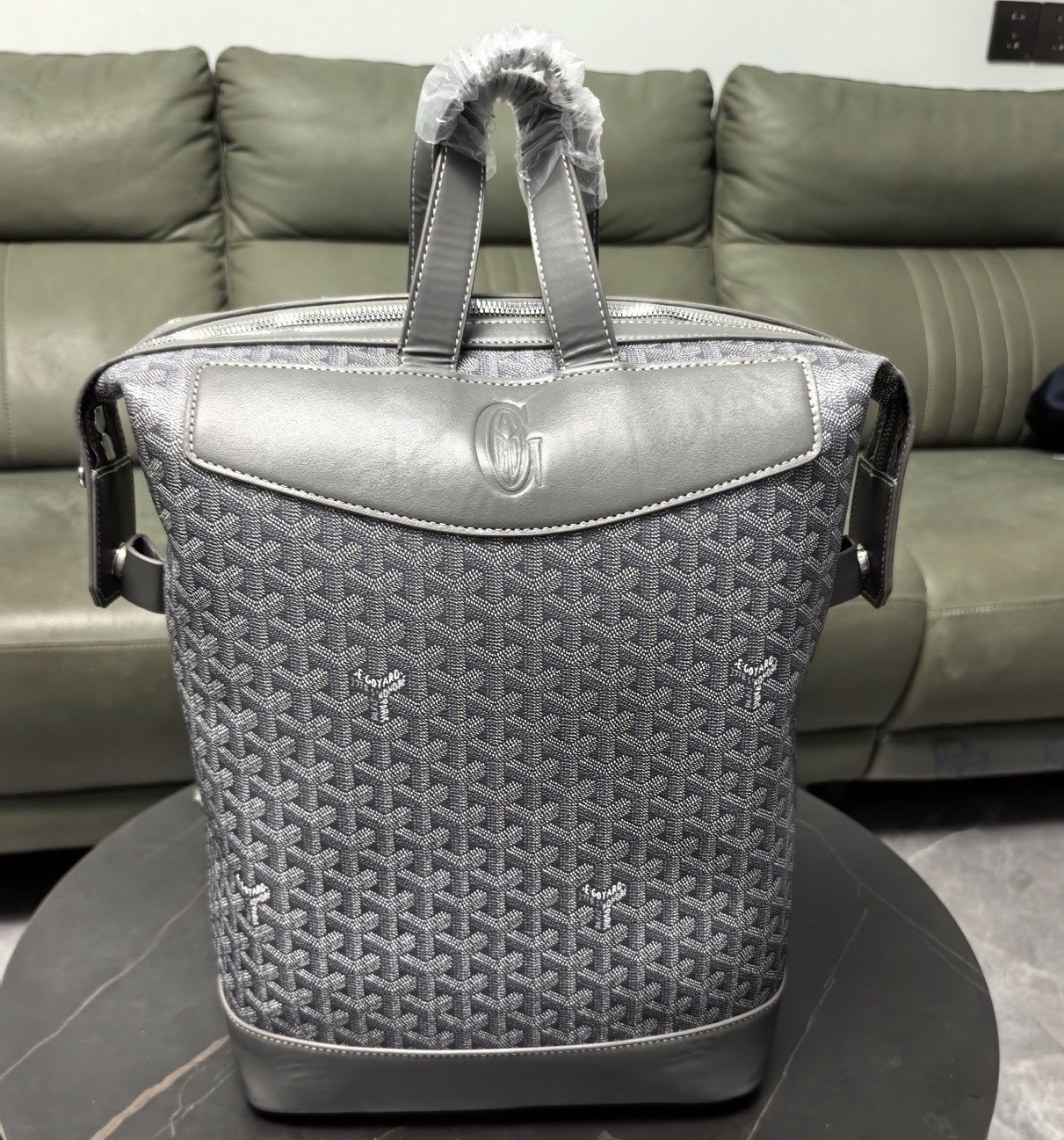Goyard Gray Goyardine Satchel Top Handle Zip Closure Trapezoid Logo Accents