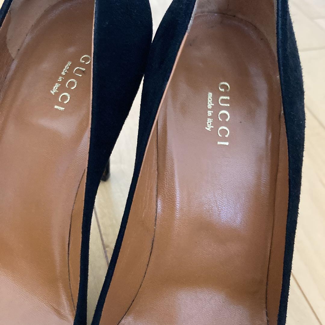 Gucci Suede Pumps Black Leather Round Toe 7.1-10cm Pin Heel Used Excellent
