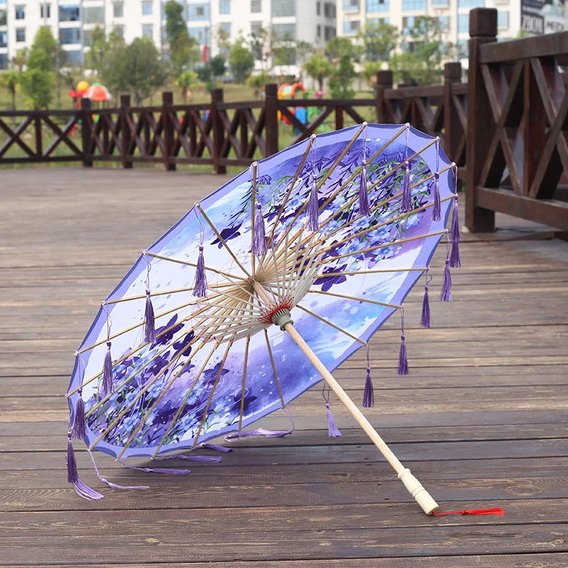 Cloth Parasol Umbrella 82cm Long Handle Silk Tassel Hanfu Cosplay Photo Prop