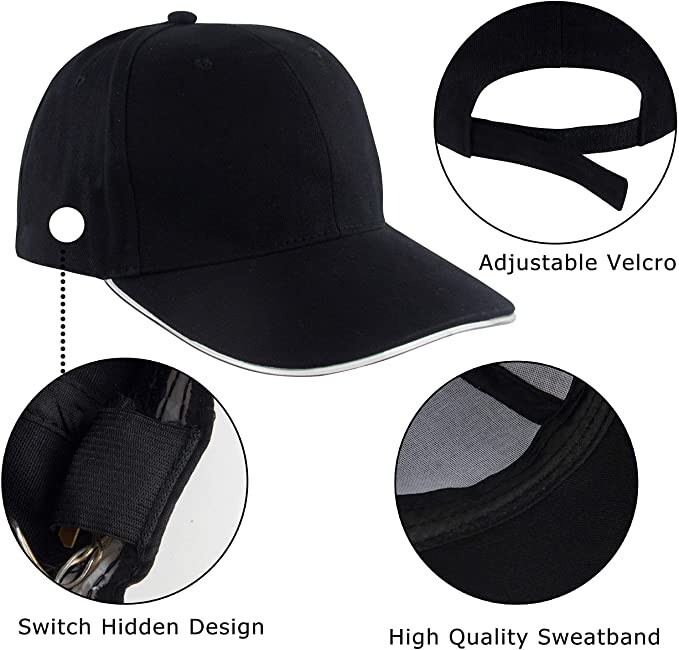 White LED Light Black Baseball Cap Hat Glow Brim Night Party Adjustable -Running