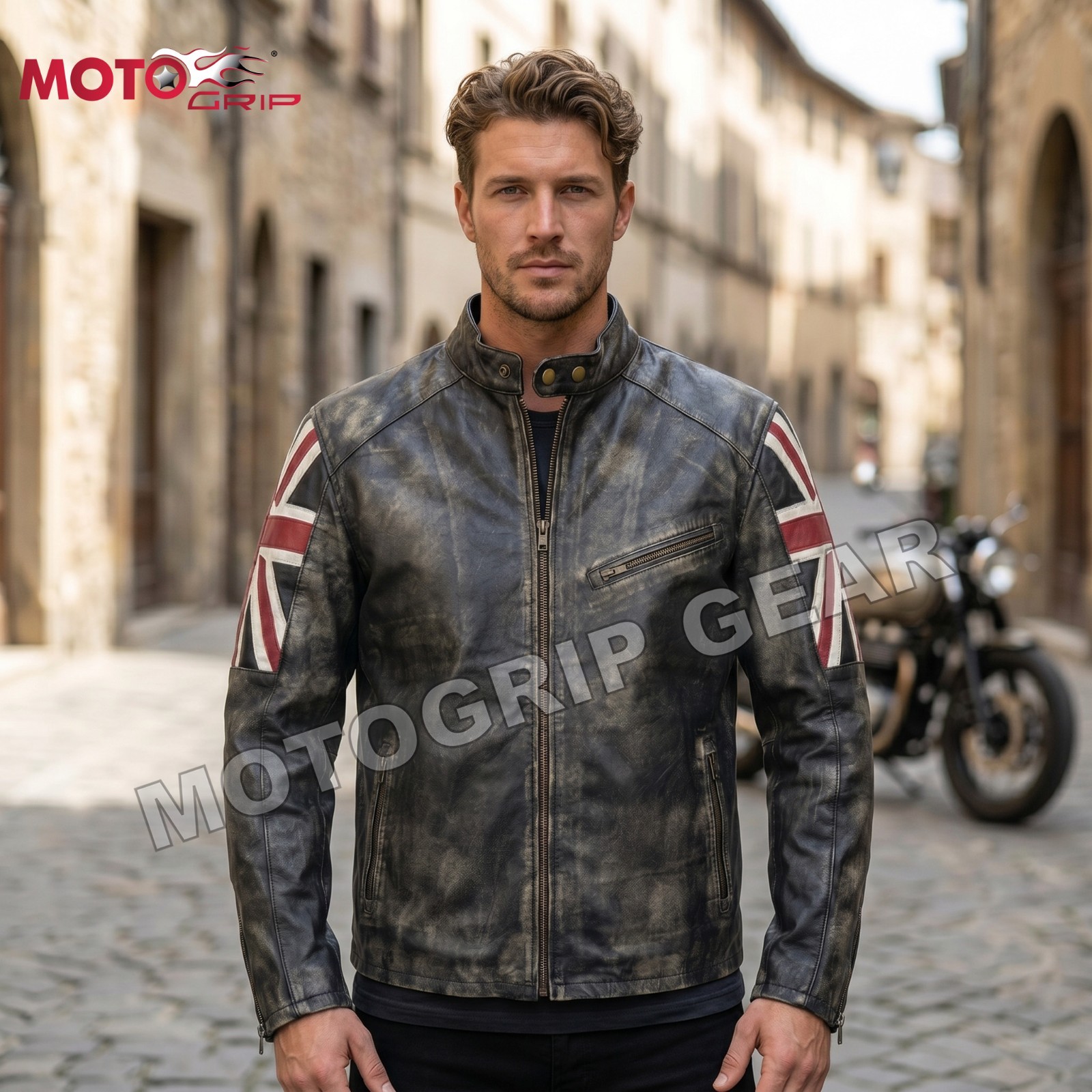 Men’s Biker Cafe Racer Motorcycle UK Flag Patch Vintage Distressed Black Leather