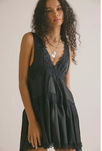 FREE PEOPLE In This Groove Mini Slip Dress, Washed Black / Black (NEW)