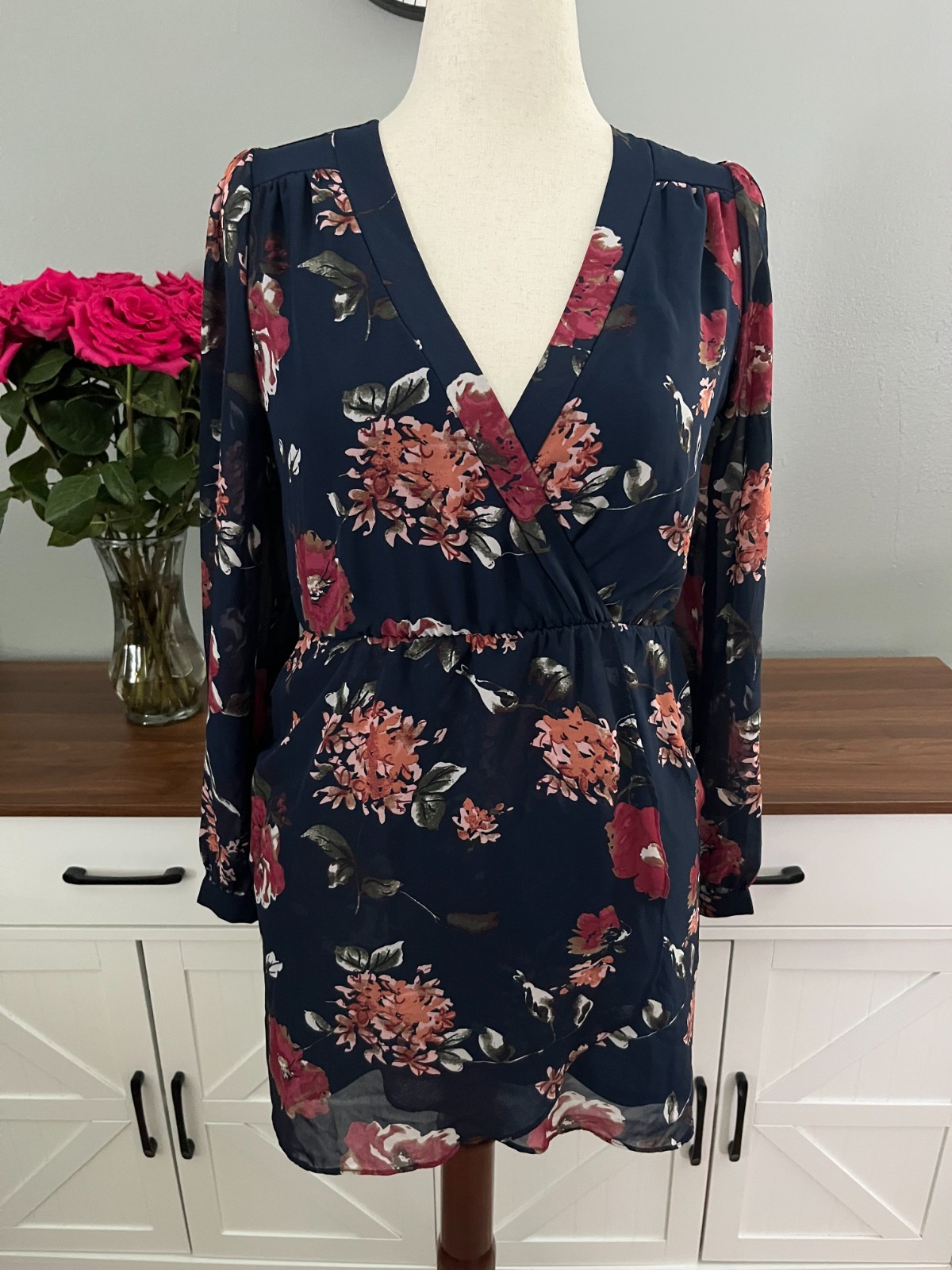 LULUS Pretty Pretender Navy Blue Floral Print Sheer Long Sleeve Mini Dress Small