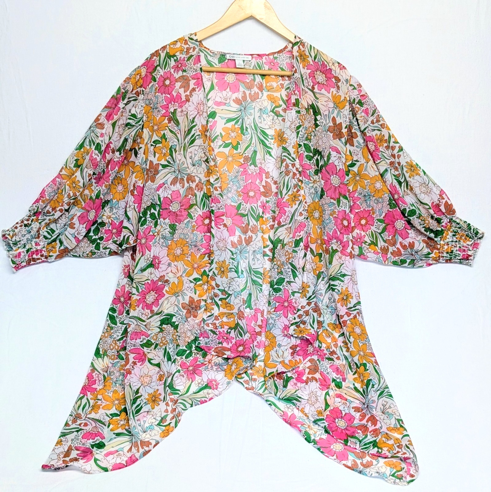 CATO Sheer Waterfall Open Front Cardigan Women Large Multicolor Floral Blouse