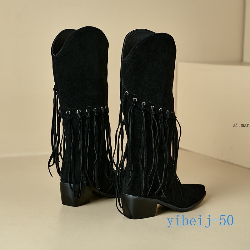 Women Tassel Mid Calf Boot Velvet Western Cowgirl Shoes Dress Formal Fall Winter