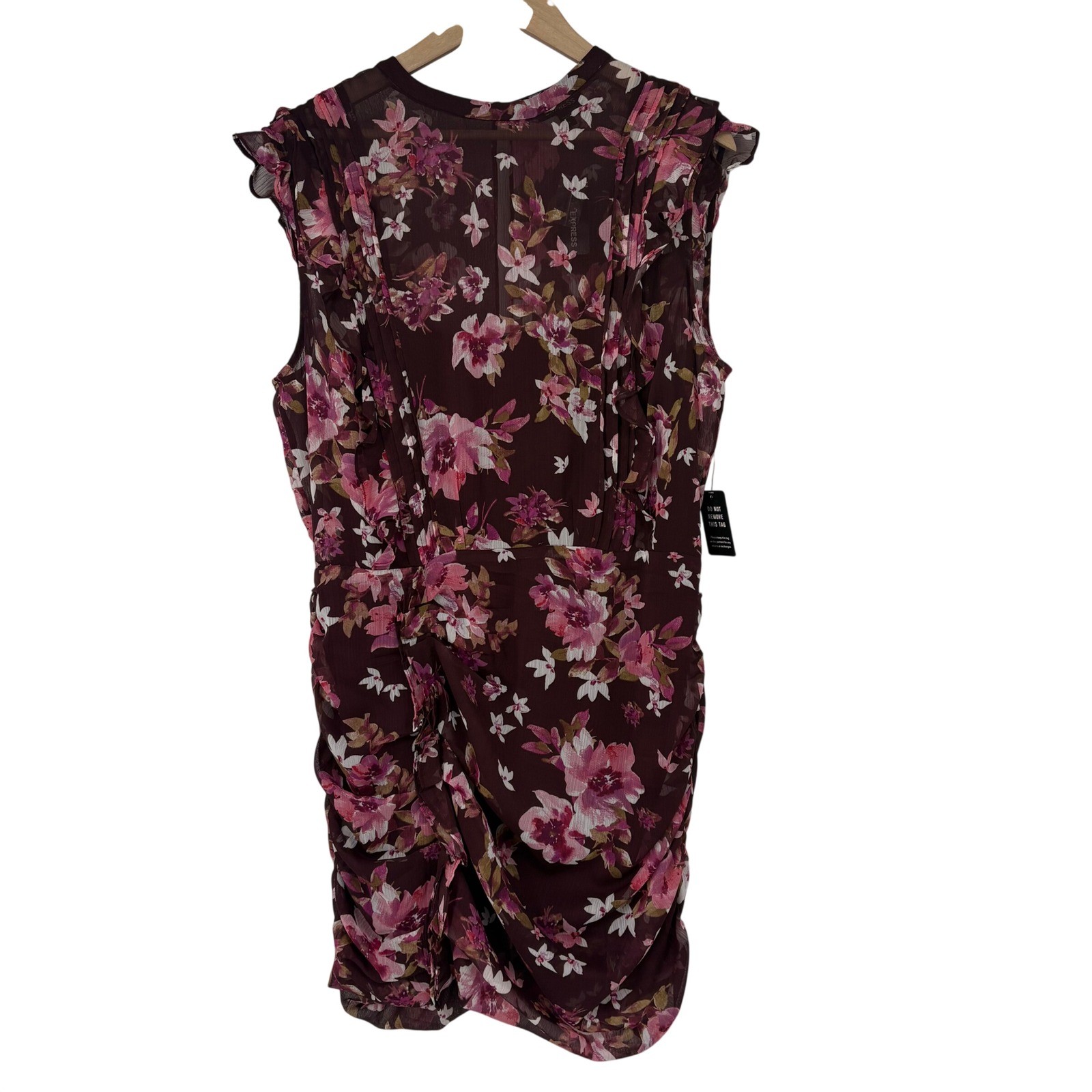 Express Womens Floral Ruched Chiffon Mini Dress XL Burgundy Pink Fairy Wedding
