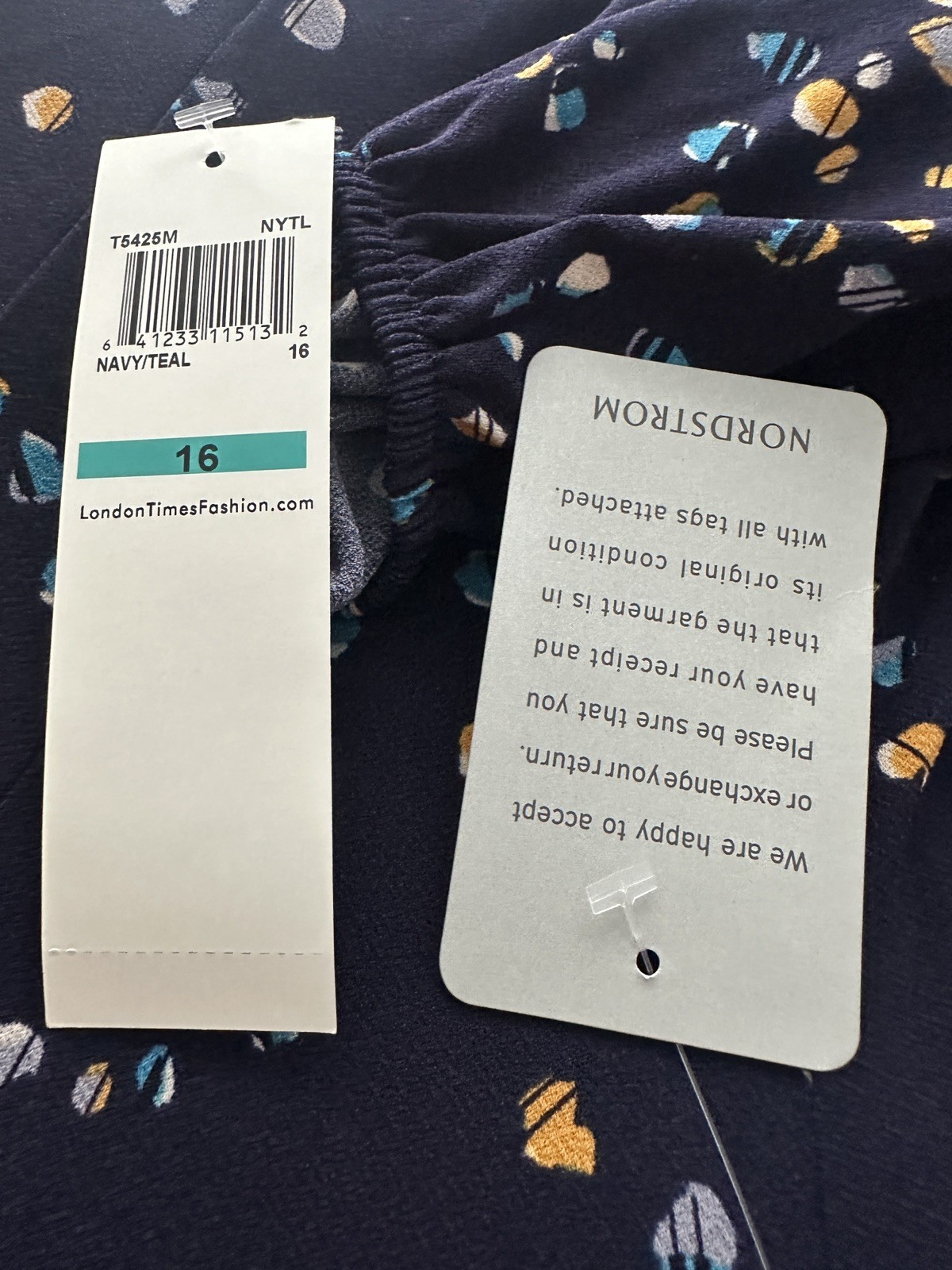 London Times Abstract Print Key Hole Long Sleeve Tucked Dress Size 16 Navy