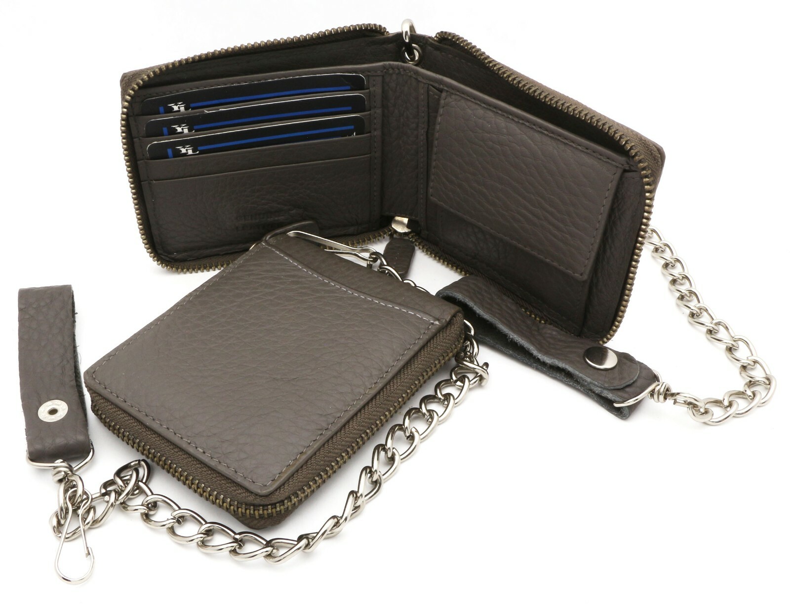 Bifold Gray Genuine Leather Scale Texture Zip-Around Wallet with a Chain