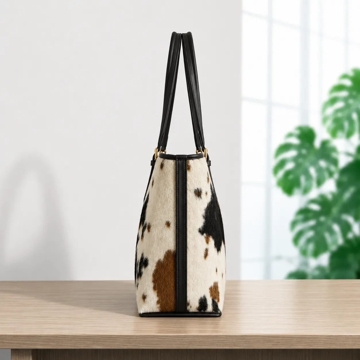 Handmade Natural Tricolor Black Brown & White Hair-On Cowhide Leather Bag