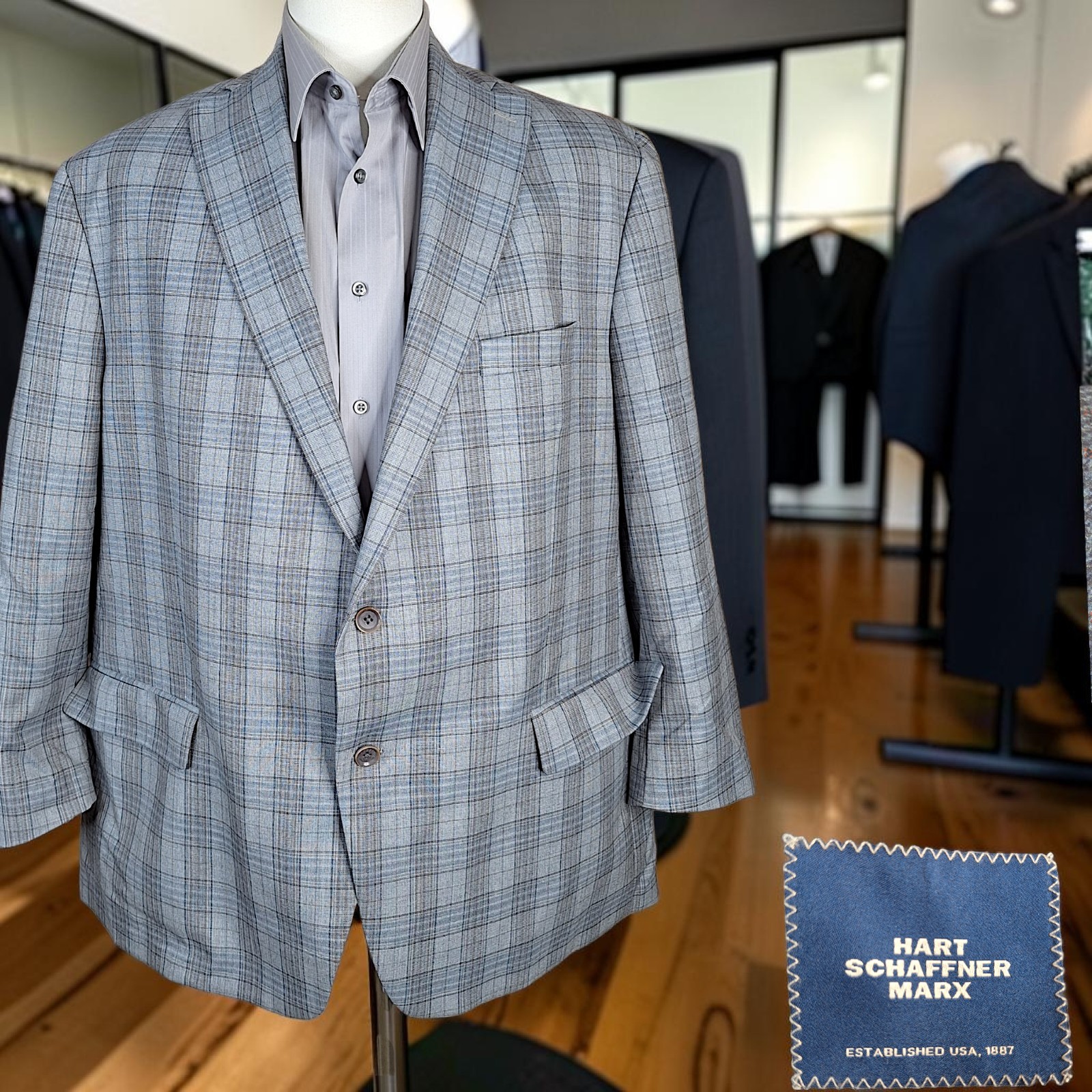 Hart Schaffner Marx Sport Coat Jacket Mens 52R Light Gray Plaid Wool Chicago VL