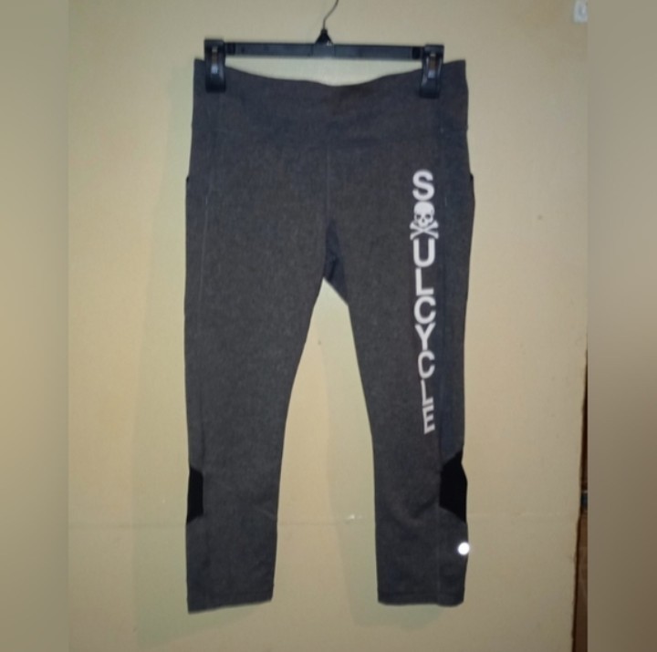 Soul by SoulCycle Cropped Gray/Black Ankle Leggings Mesh Zip Pocket Logo Size 8