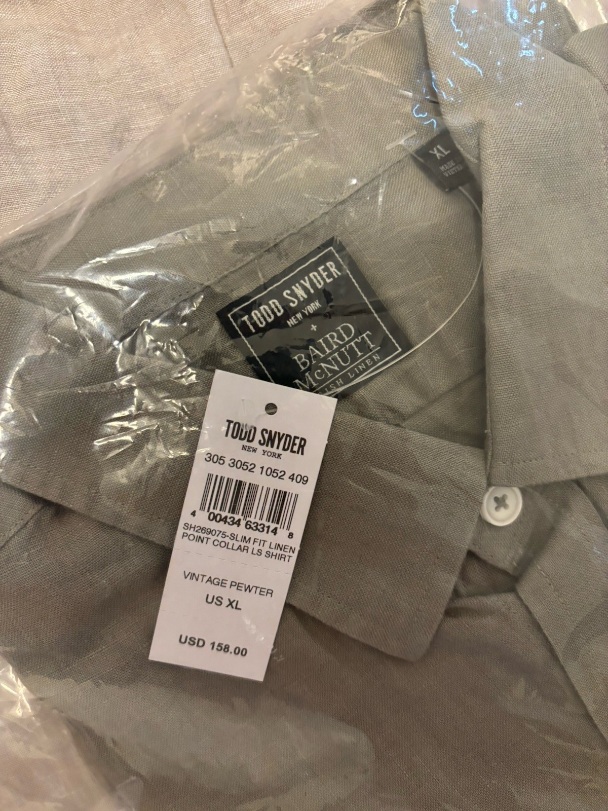 NWT Todd Snyder Linen Shirt XL Gray Pewter Slim Fit Sea Soft Irish Sealed