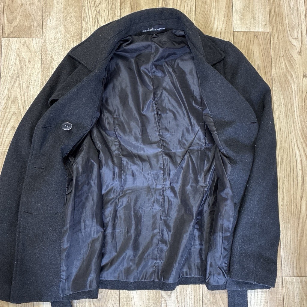 Ambiance Apparel Juniors S Black Pea Coat Belted Lined Short Button Closure