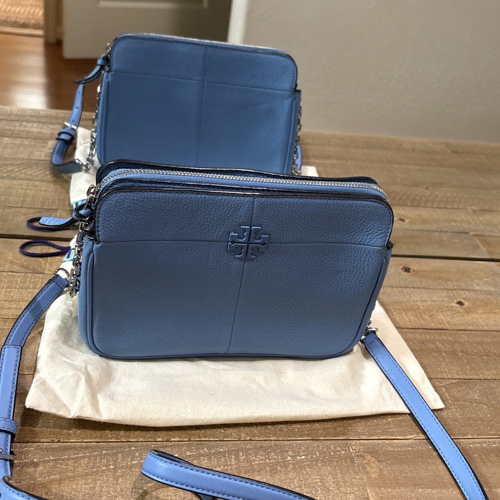 Tory Burch Light Blue Pebbled Leather Crossbody Tassel Logo