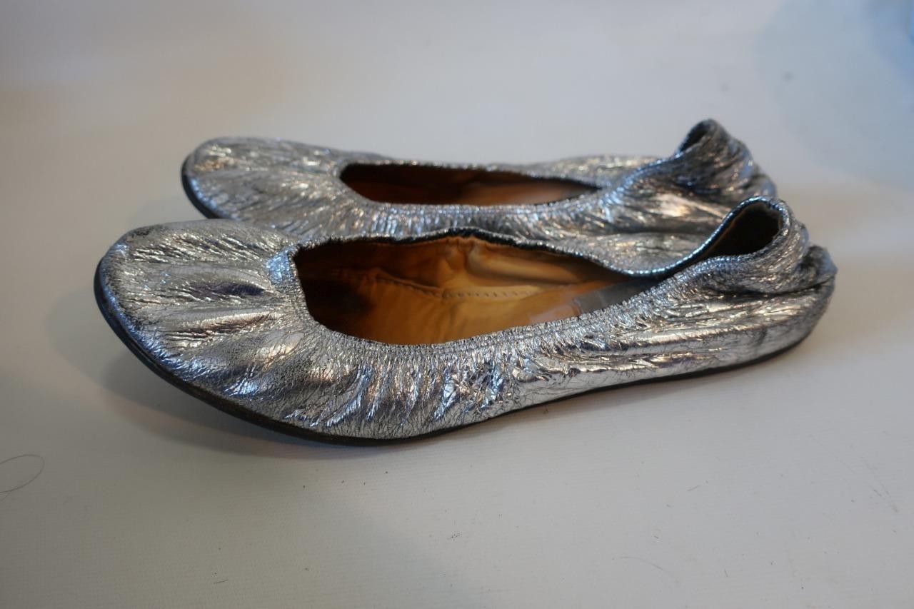 Womens Lanvin Metallic Silver Leather Ballet Flats 40 1/2 /US 10.5