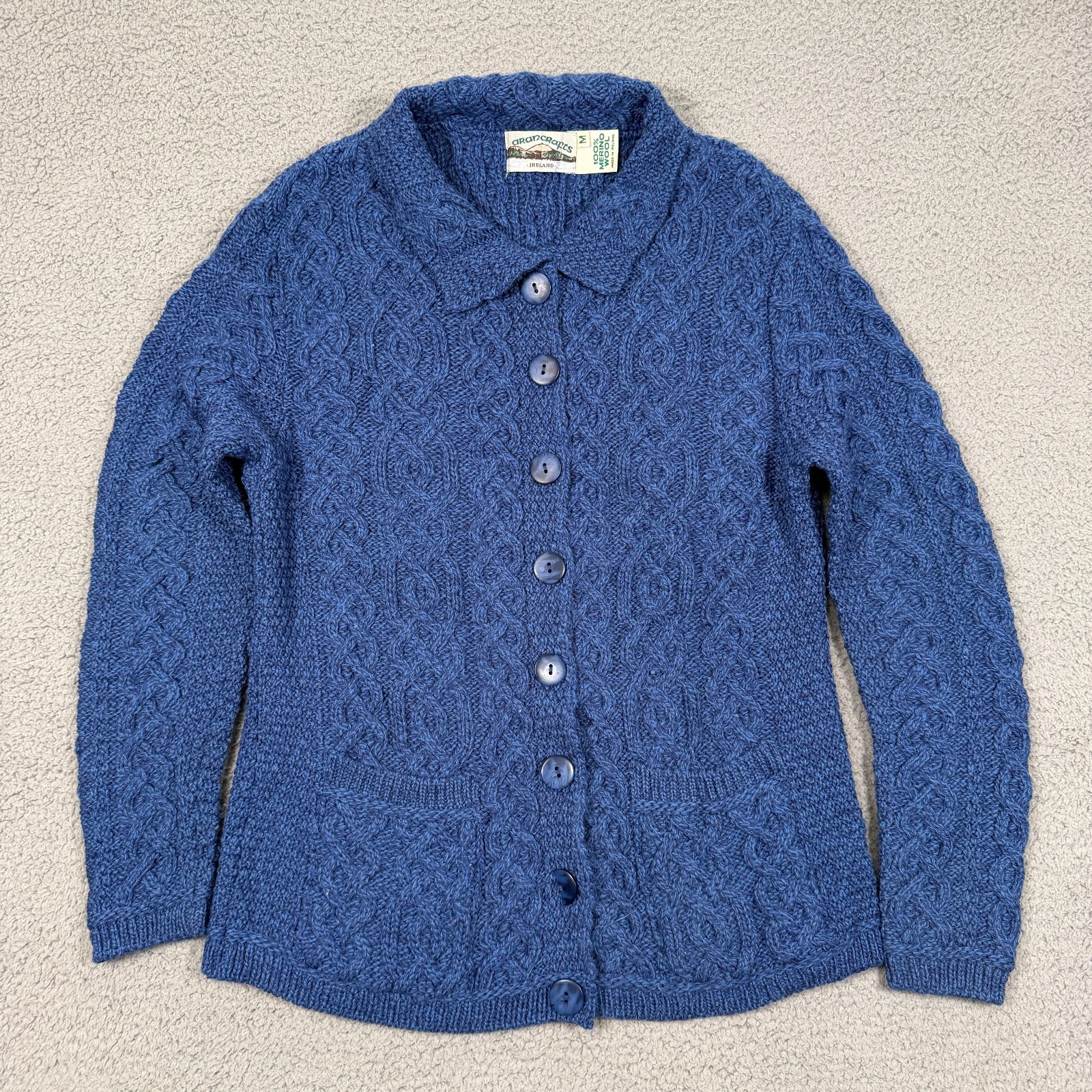 Aran Crafts Cardigan Sweater Womens Medium Blue 100% Merino Wool Irish Fisherman