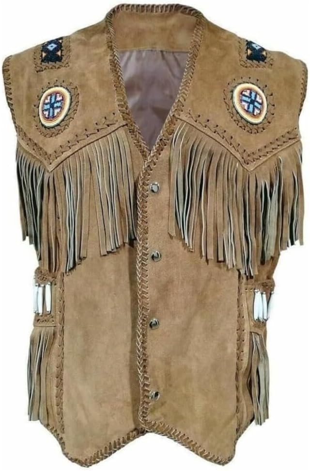 Mens Native American Suede leather vest with Fringes and Beads Work