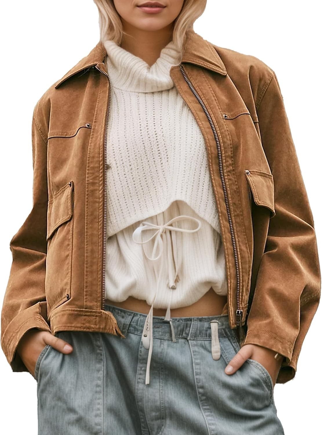 Women Vegan Suede Bomber Lightweight Cropped Jacket Loose Lapel, Size Large