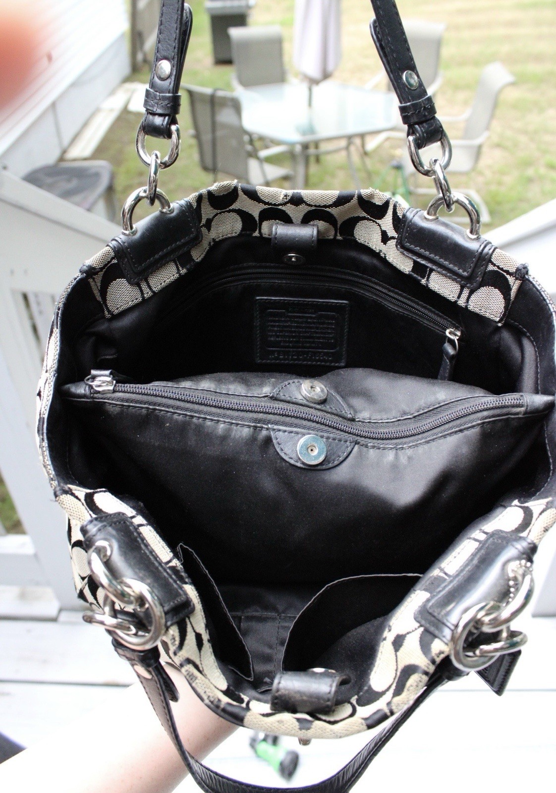 Vintage Coach Penelope Signature Tote featuring a black and gray monogram canvas