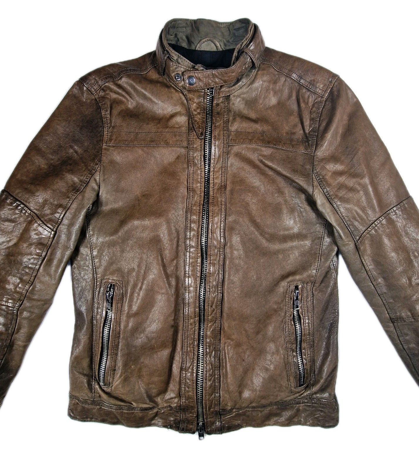 AllSaints Spitalfields Brown Distressed Leather Biker Jacket Mens Medium Pockets