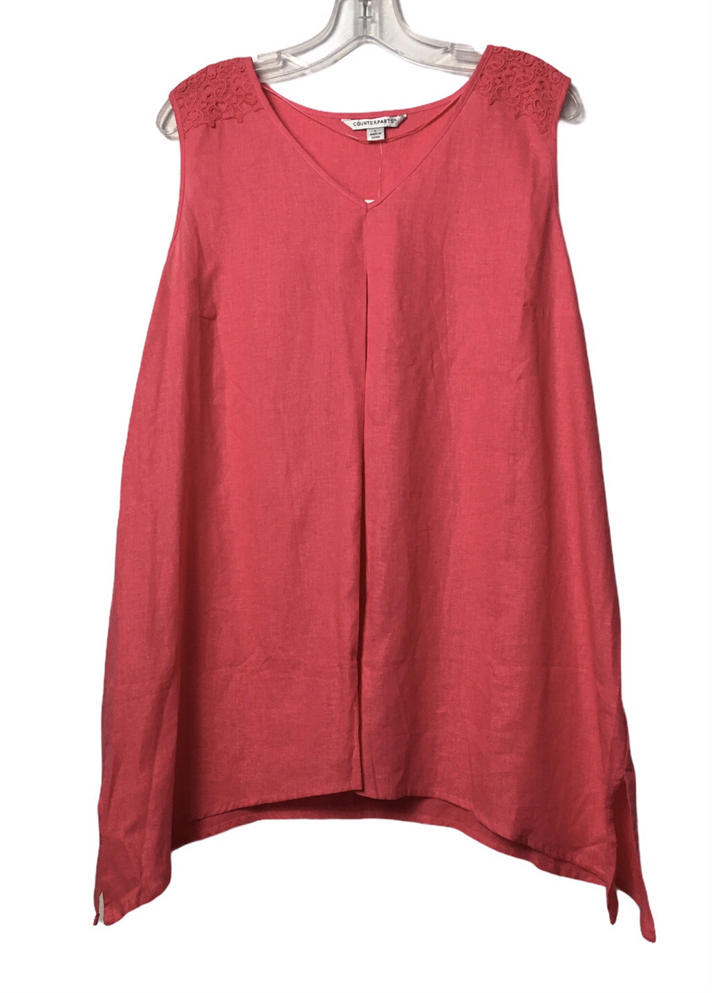 Counterparts Blouse Size L Pink Coral Crochet Linen Blend Sleeveless Slits Boho