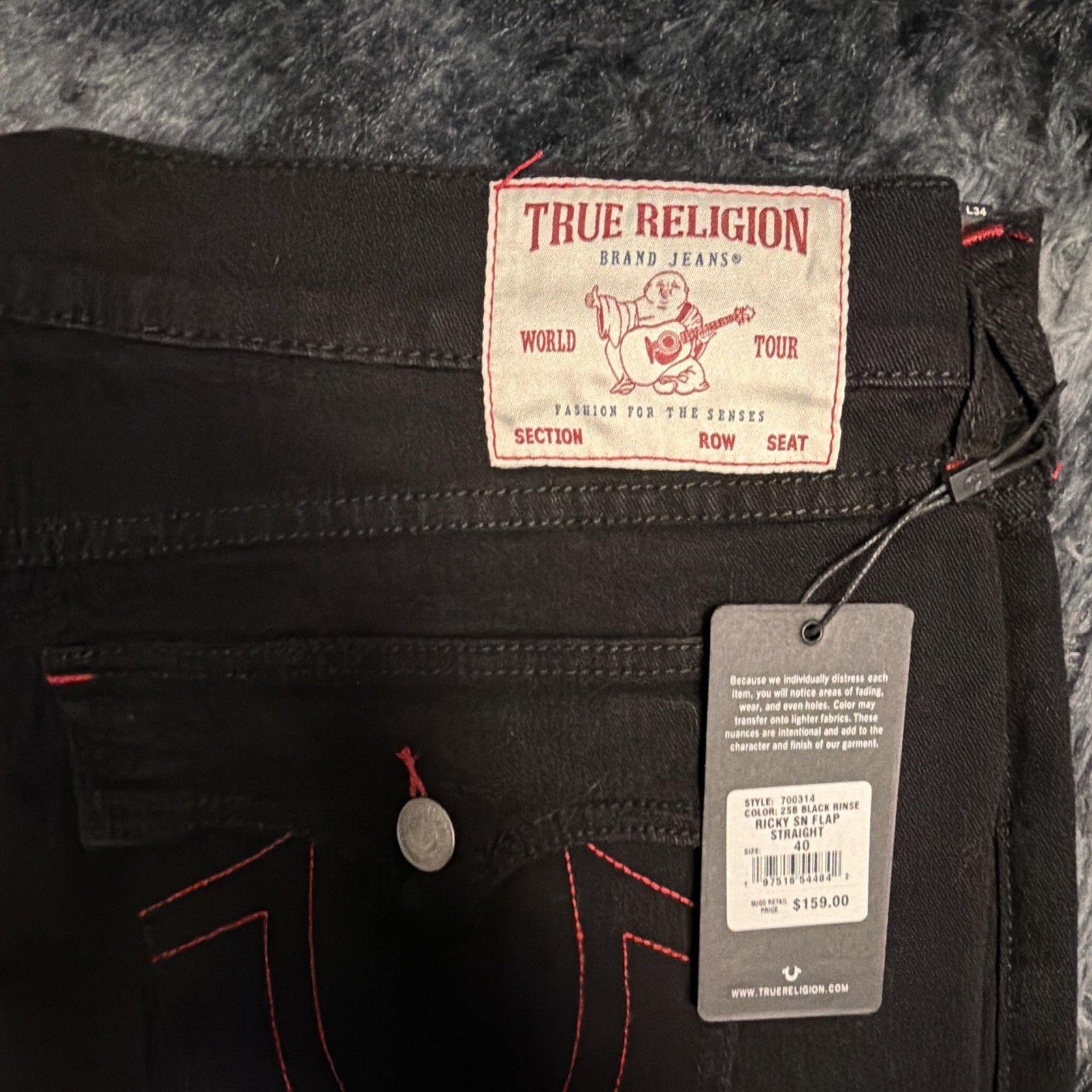 True Religion Men’s Black Straight Fit Dark Wash Denim Jeans Red Stitching 40