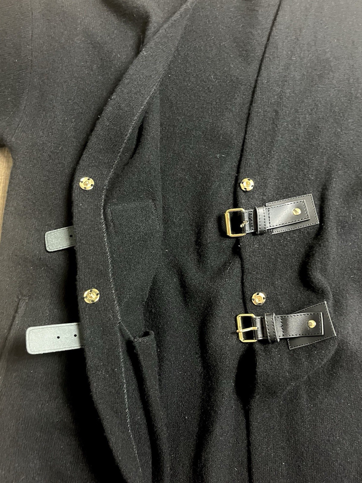 ETCETERA Black 100% Wool Cardigan Leather Buckle & Snap Closure Oversized XS