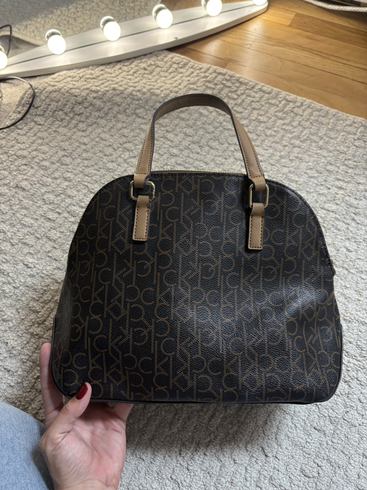 Calvin Klein CK Monogram Zip Satchel Top Handle Brown/Beige