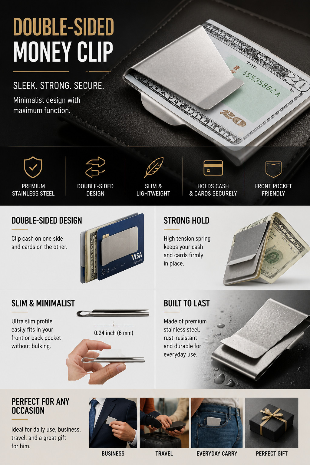 New Double Sided Slim Stainless Steel Money Clip Credit Card ID Holder Wallet