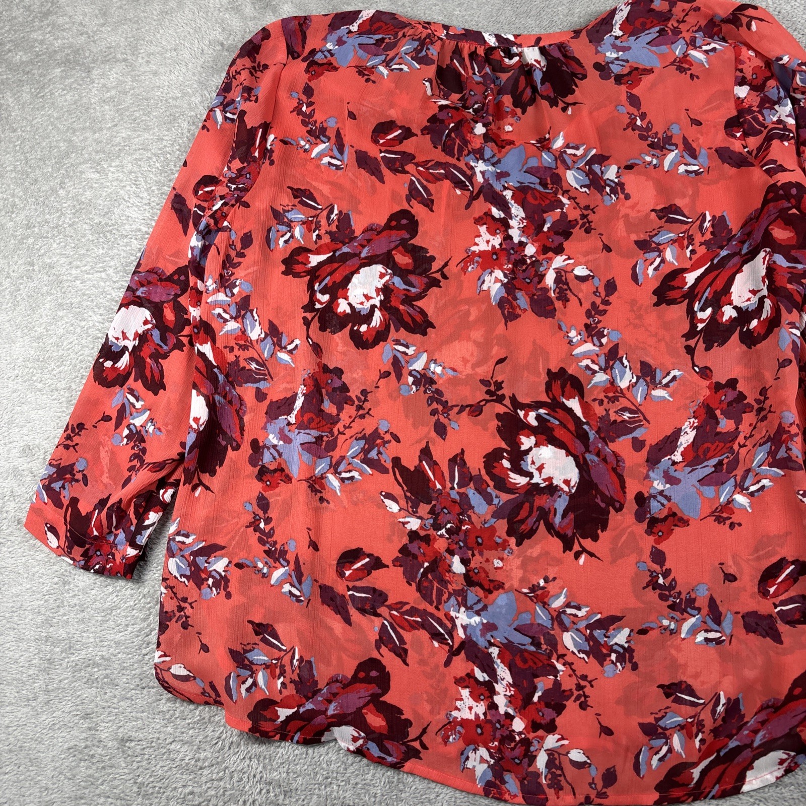 Lucky Brand Multicolor Floral Print Lace-Up Neckline Semi-Sheer Top Shirt Size L