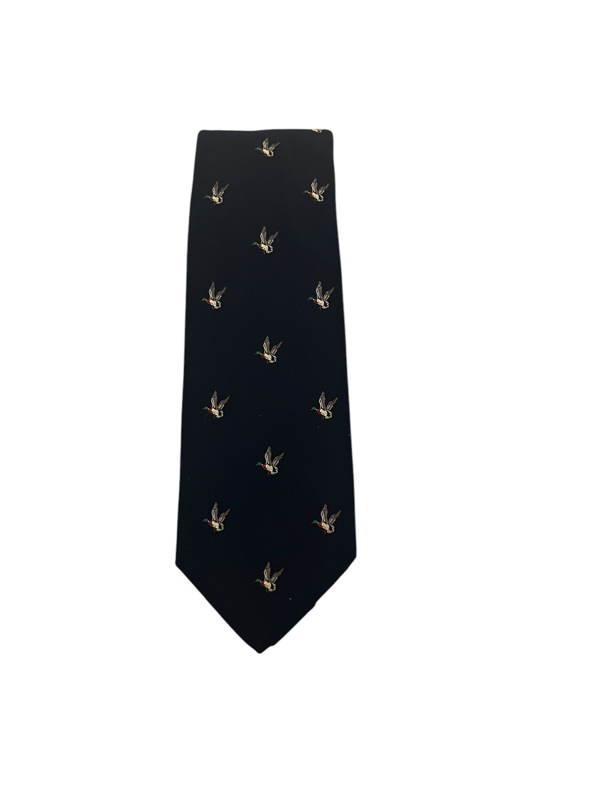 VTG Cromwell Houston Embroidered Ducks In Flight Print Dark Navy Blue Necktie