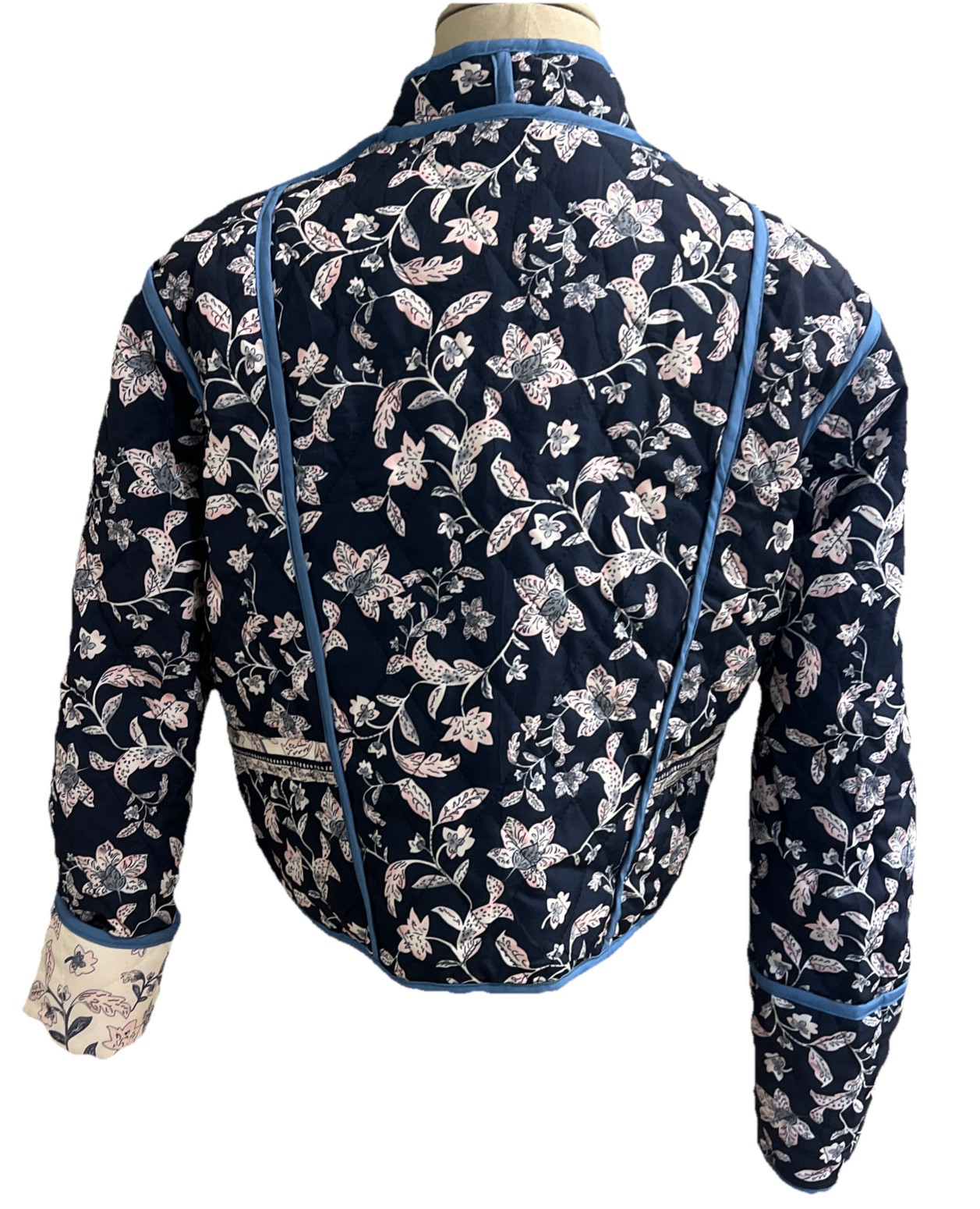 Reversible Quilted Jacket Cropped Sz MED* Navy Blue Floral Ivory/Pink