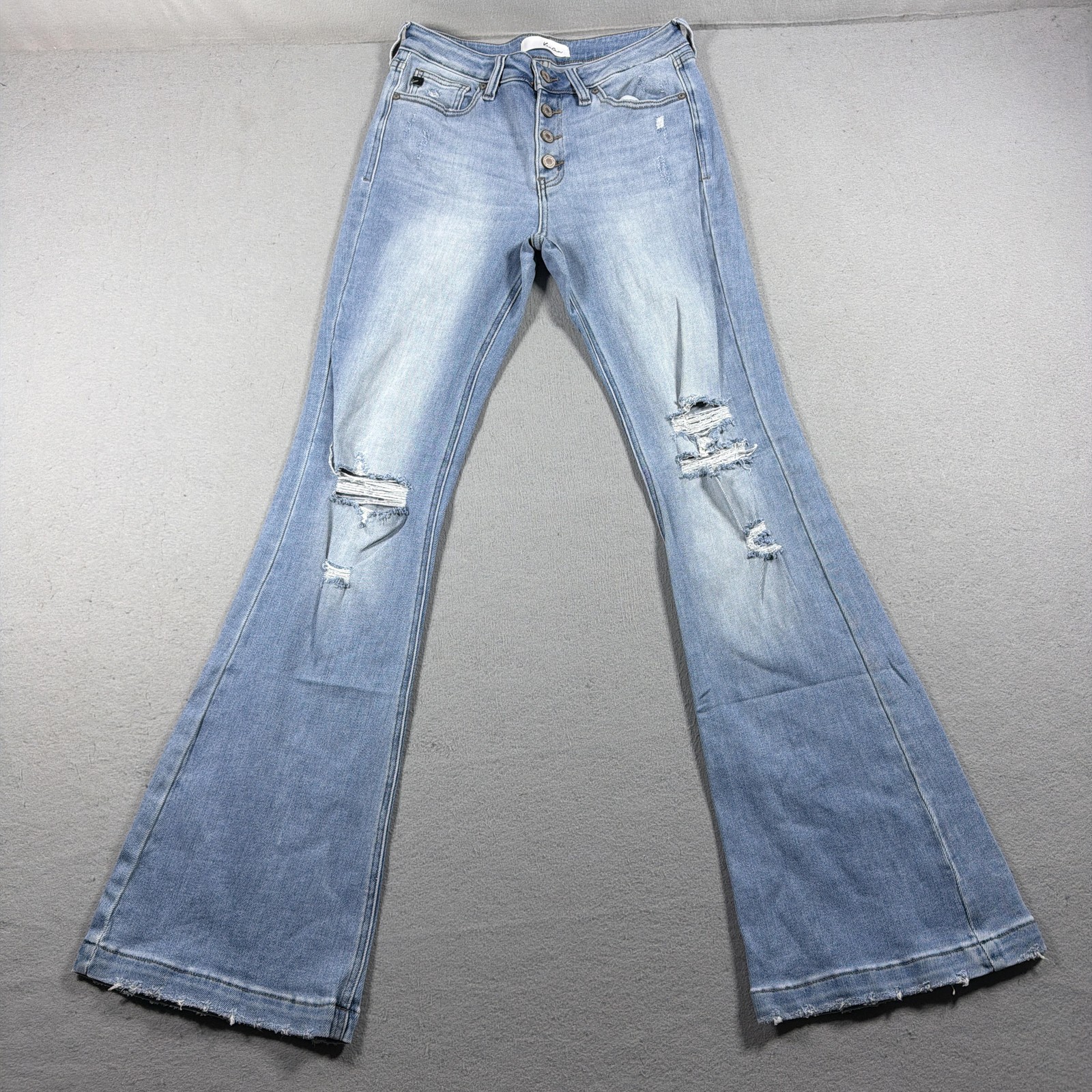 KanCan Jeans Women 9/28 High Rise Flare Light Wash Blue Distressed Fringe Hem