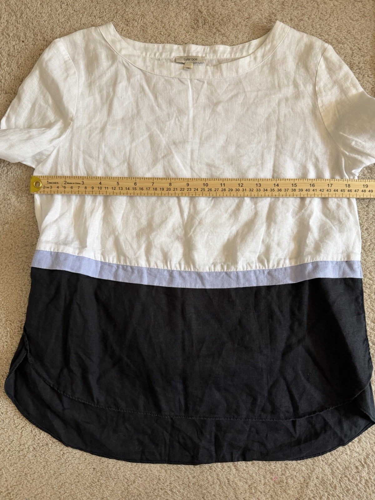 Tyler Böe XS Colorblock Linen Tunic Blouse Scoop Neck 3/4 Sleeve White Blue