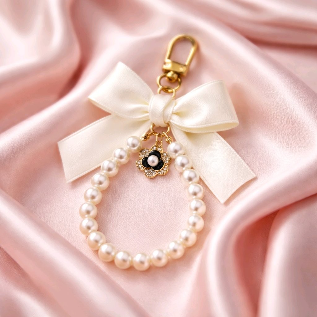 Elegant Bow Pearl Keychain Bag Charm Floral Camellia Pendant Wristlet Gift NEW