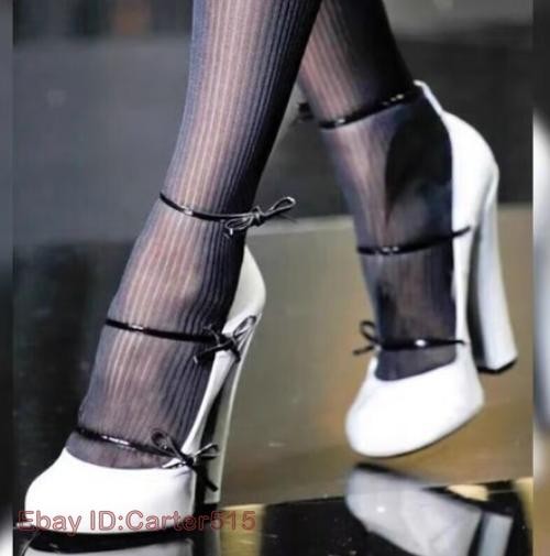 Women’s Bandage 12CM Chunky Heel Shoes Round Bowknot Toe Lace Up Splicing Chic