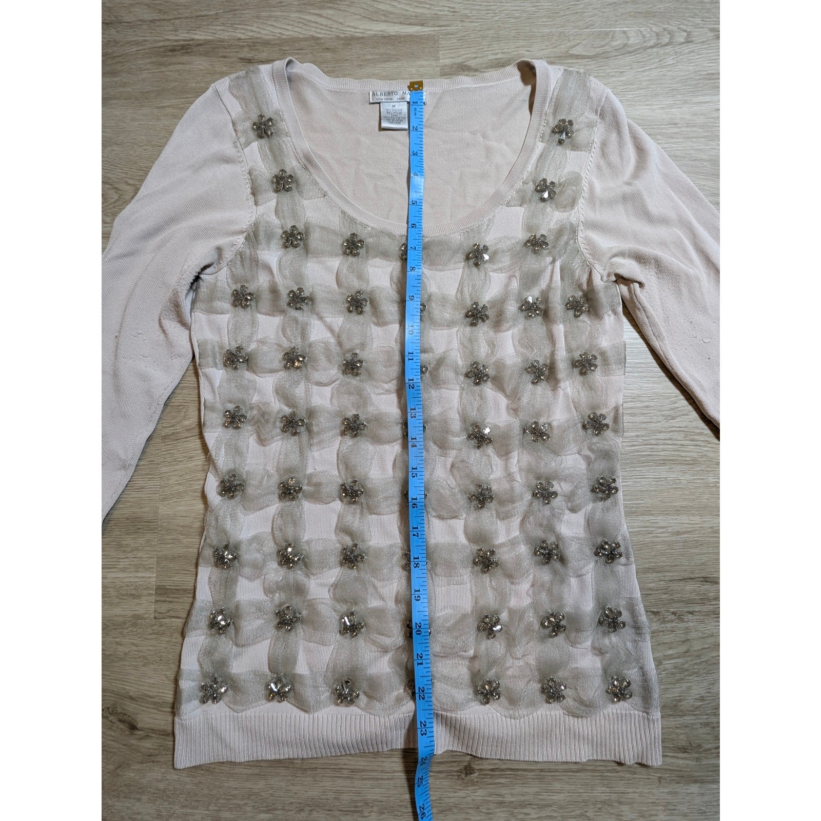 Alberto Makali Sequin Rosette Sweater Womens Medium M Pink Knit 3/4 Sleeve Top