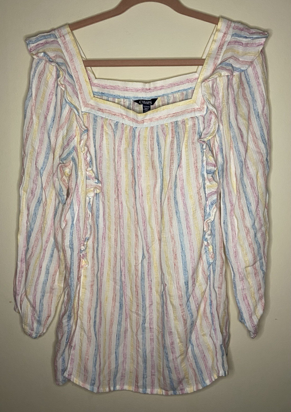 Chaps Women’s XL Pastel Striped Square Neck Ruffle Blouse Cottage core bohemian